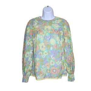 Vintage 1970s Blouse Top Shirt Womens Size Small Green Purple Groovy Flower Powe